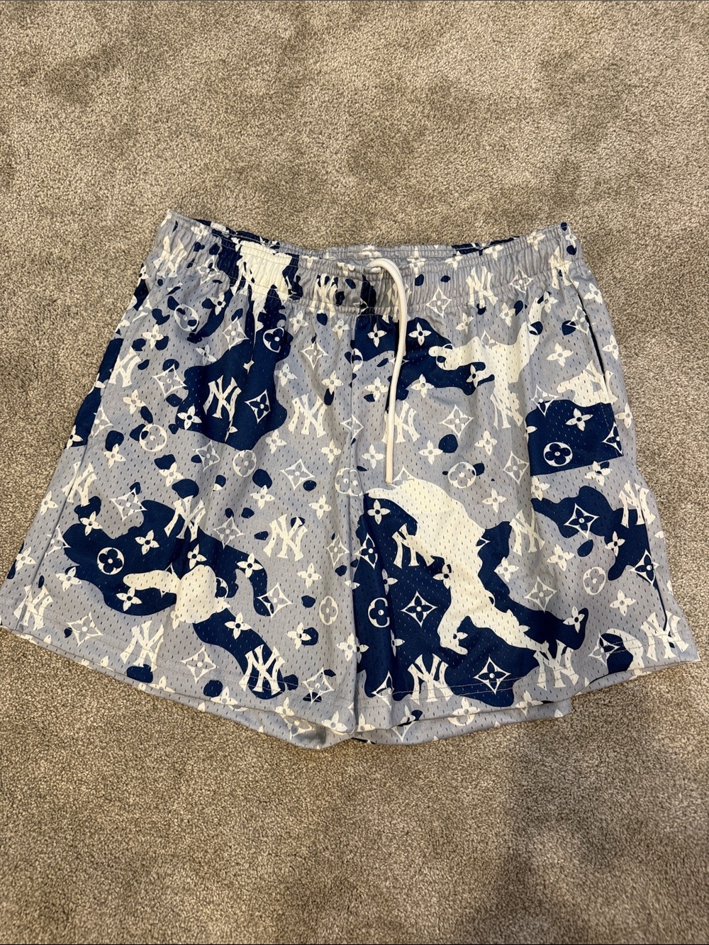 Bravest Studios Navy and Light Blue “Snow Camo/LV print” shorts